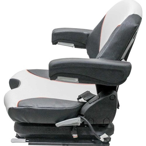 Kubota Lawn Mower Replacement Seat & Mechanical Suspension - Fits Various Models - Black/Silver Vinyl w/Orange Piping