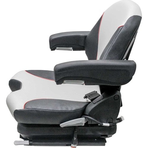 Ditch Witch R65 & V30 Trencher Replacement Seat & Mechanical Suspension - Black/Silver Vinyl w/Red Piping