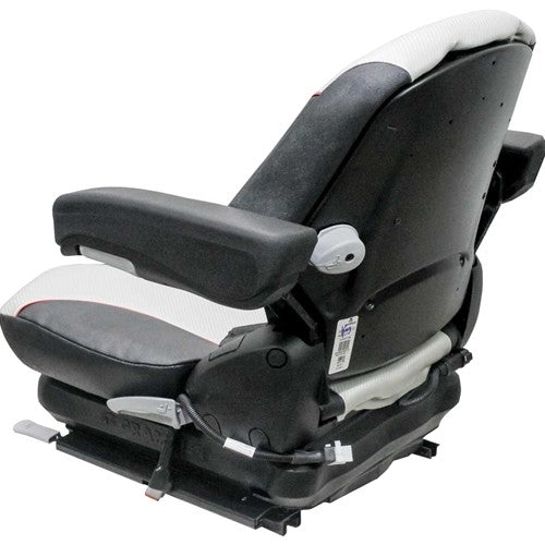 Kubota Lawn Mower Replacement Seat & Mechanical Suspension - Fits Various Models - Black/Silver Vinyl w/Red Piping