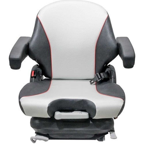 Woods Lawn Mower Replacement Seat & Mechanical Suspension - Fits Various Models - Black/Silver Vinyl w/Red Piping