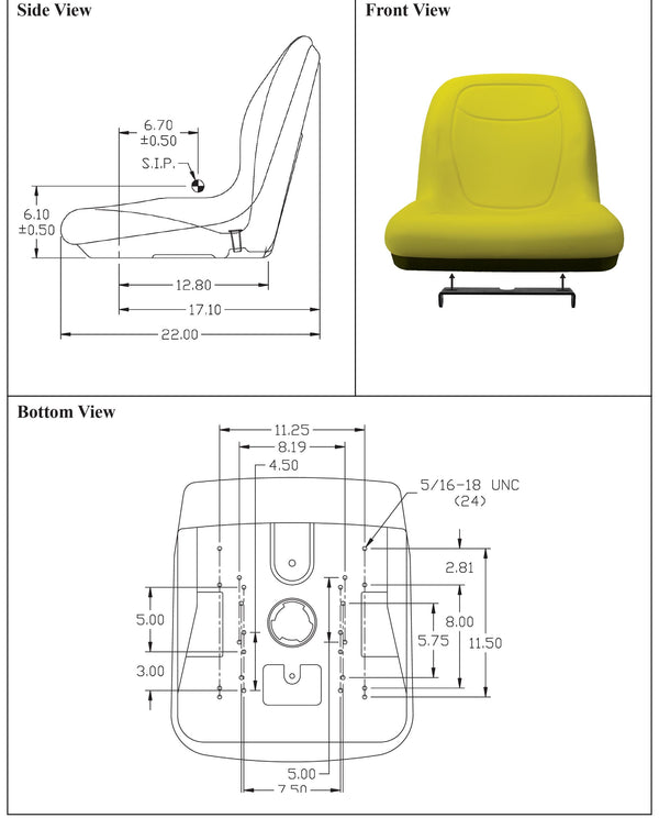 John Deere 2210 Compact Utility Tractor Replacement Bucket Seat With Hinge Bracket - Yellow Vinyl