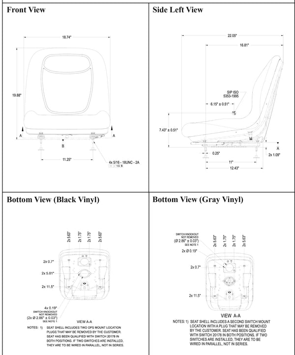 Kubota Lawn Mower Replacement Bucket Seat - Fits Various Models - Black Vinyl