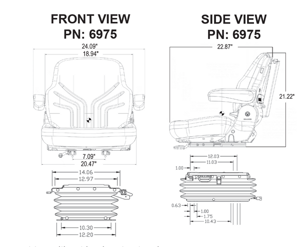 International Harvester 86-88 Series Tractor Replacement Seat & Air Suspension - Fits Various Models - Black/Gray Cloth