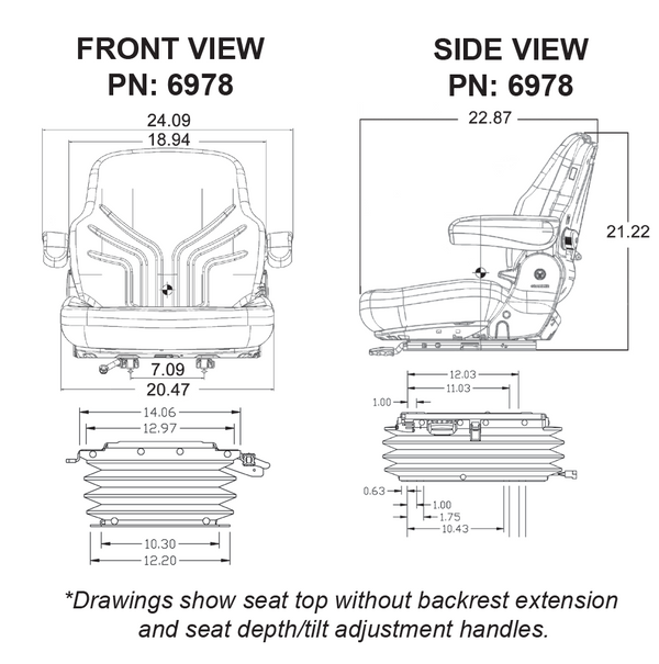 Ford/New Holland 7410-TW Series Tractor Replacement Seat & Air Suspension - Fits Various Models - Black/Gray Cloth