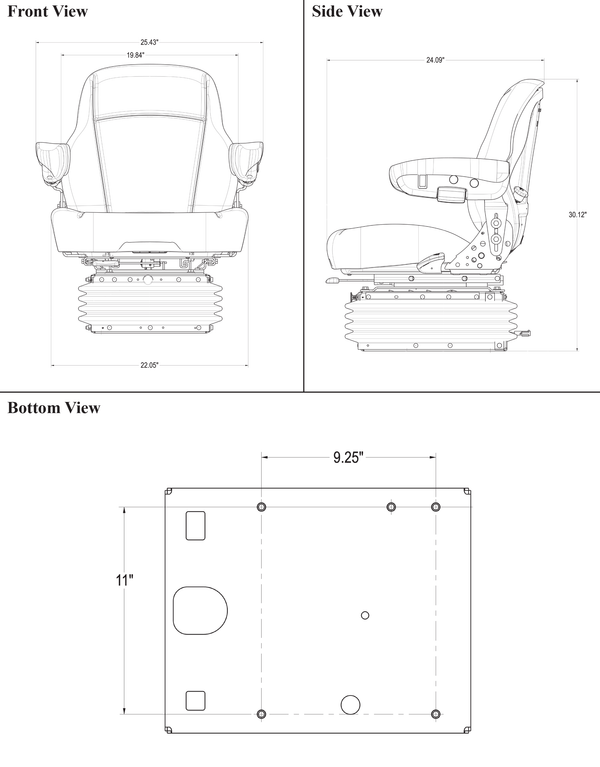 John Deere Wheel Loader Replacement Seat & Air Suspension - Fits Various Models - Black Vinyl