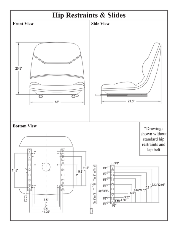 Caterpillar Forklift Replacement Bucket Seat with Hip Restraints & Slides - Fits Various Models - Black Vinyl