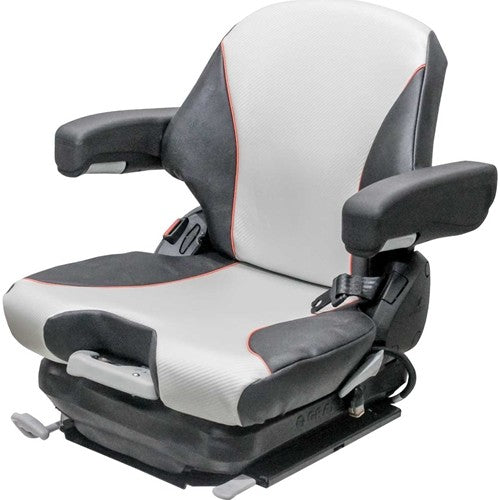 Ditch Witch R65 & V30 Trencher Replacement Seat & Mechanical Suspension - Black/Silver Vinyl w/Orange Piping