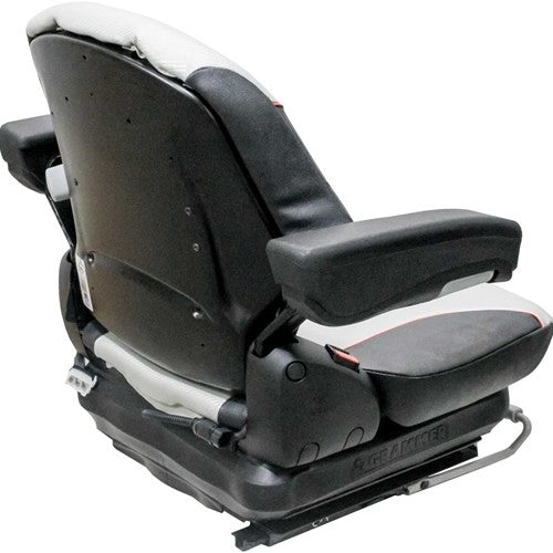 Caterpillar Telehandler Replacement Seat & Mechanical Suspension - Fits Various Models - Black/Silver Vinyl w/Red Piping