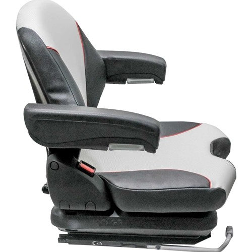 Caterpillar Telehandler Replacement Seat & Mechanical Suspension - Fits Various Models - Black/Silver Vinyl w/Red Piping
