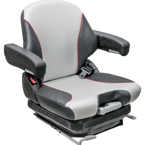 Caterpillar Telehandler Replacement Seat & Mechanical Suspension - Fits Various Models - Black/Silver Vinyl w/Red Piping