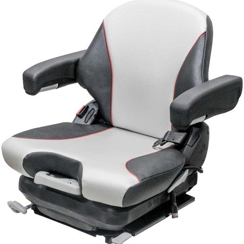 Ditch Witch R65 & V30 Trencher Replacement Seat & Mechanical Suspension - Black/Silver Vinyl w/Red Piping