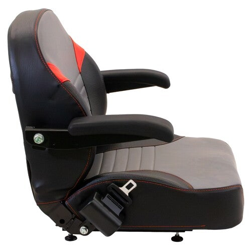 Hustler Lawn Mower Replacement Seat Top w/Armrests & Slide Rails - Fits Various Models - Black/Gray/Red  Vinyl