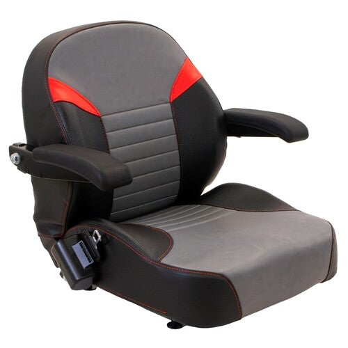Spartan RT Pro Lawn Mower Replacement Seat Top w/Armrests & Slide Rails - Gray/Black/Red Vinyl